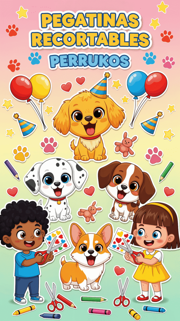 Pegatinas Recortables Perrukos – PDF Imprimible para Niños Pegatinas Recortables Perrukos – PDF