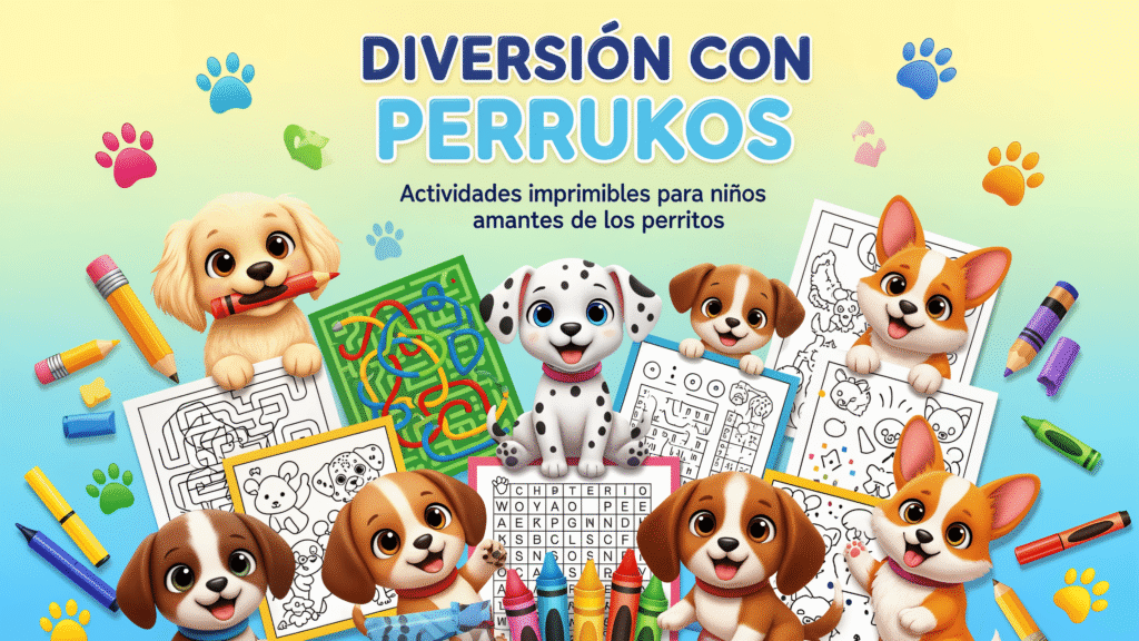Pack de actividades infantiles imprimibles con 30 dibujos exclusivos de Perrukos