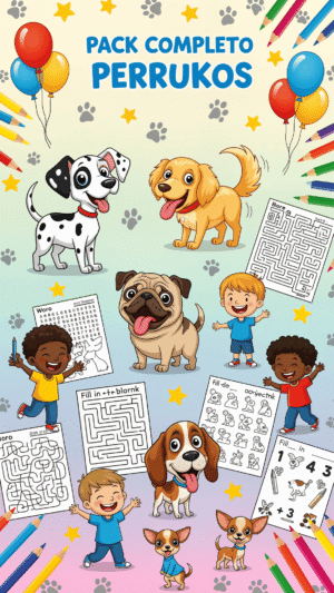 El Pack Completo Perrukos reúne 6 productos digitales en PDF, ideales para imprimir en A4 o usar digitalmente. Incluye actividades infantiles, láminas para colorear, pegatinas imprimibles, y 10 cuentos a color,