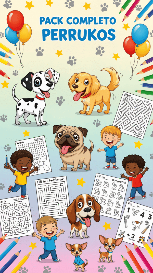 pack perrukos El Pack Completo Perrukos reúne 6 productos digitales en PDF, ideales para imprimir en A4 o usar digitalmente. Incluye actividades infantiles, láminas para colorear, pegatinas imprimibles, y 10 cuentos a color,
